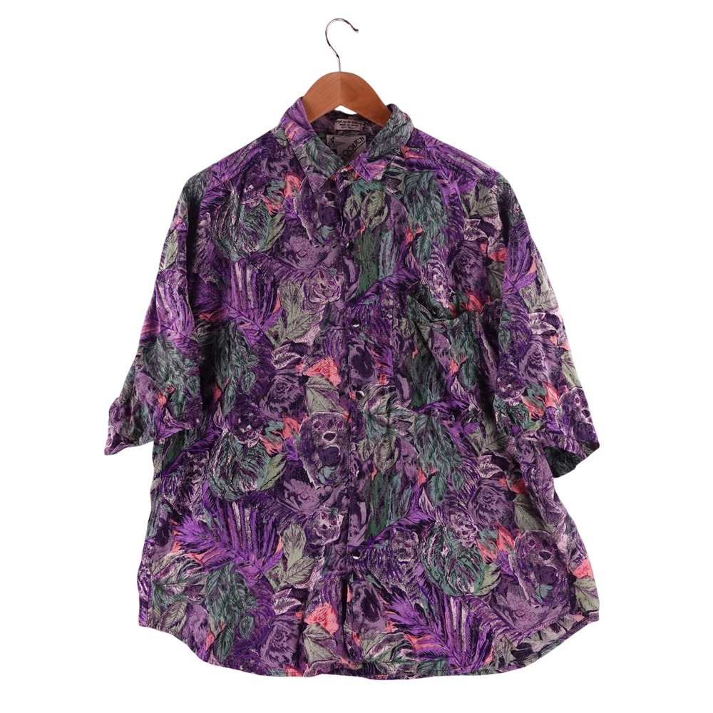 Vintage Goouch Mens XL Purple Rayon Jungle Animal Print Short Sleeve Button Down